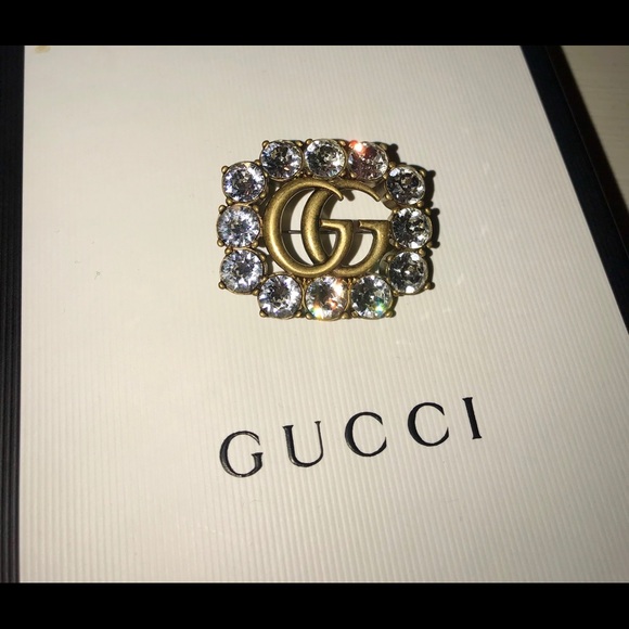 Gucci Metal Double G Brooch Crystals 